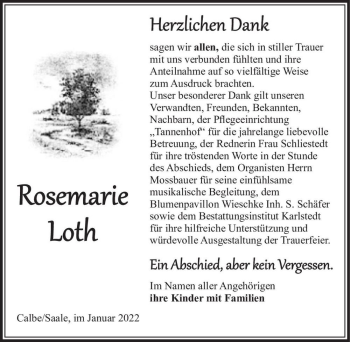 Traueranzeige von Rosemarie Loth  von Magdeburger Volksstimme