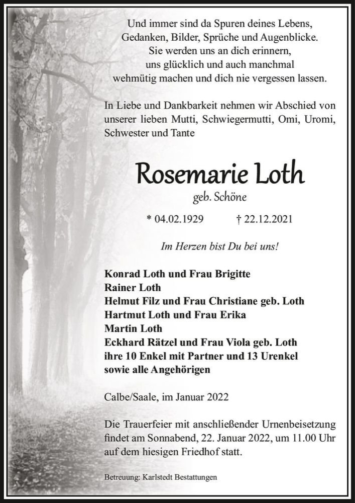  Traueranzeige für Rosemarie Loth (geb. Schöne)  vom 08.01.2022 aus Magdeburger Volksstimme