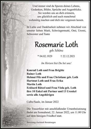Traueranzeige von Rosemarie Loth (geb. Schöne)  von Magdeburger Volksstimme