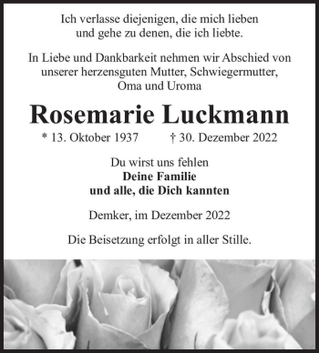 Traueranzeige von Rosemarie Luckmann  von Magdeburger Volksstimme