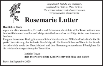 Traueranzeige von Rosemarie Lutter  von Magdeburger Volksstimme