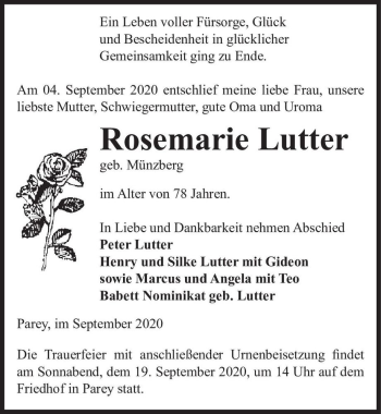 Traueranzeige von Rosemarie Lutter (geb. Münzberg)  von Magdeburger Volksstimme