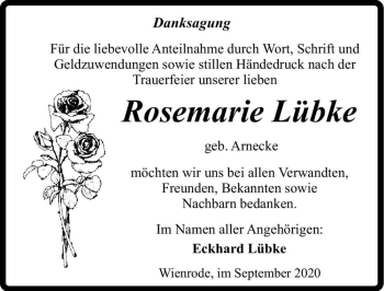 Traueranzeige von Rosemarie Lübke (geb. Arnecke)  von Magdeburger Volksstimme