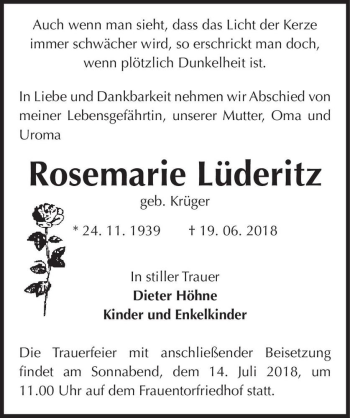Traueranzeige von Rosemarie Lüderitz (geb. Krüger)  von Magdeburger Volksstimme