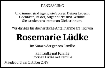 Traueranzeige von Rosemarie Lüdke  von Magdeburger Volksstimme