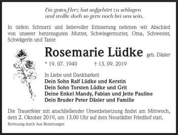 Traueranzeige von Rosemarie Lüdke (geb. Däsler)  von Magdeburger Volksstimme