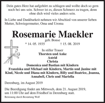 Traueranzeige von Rosemarie Maekler (geb. Bonse)  von Magdeburger Volksstimme