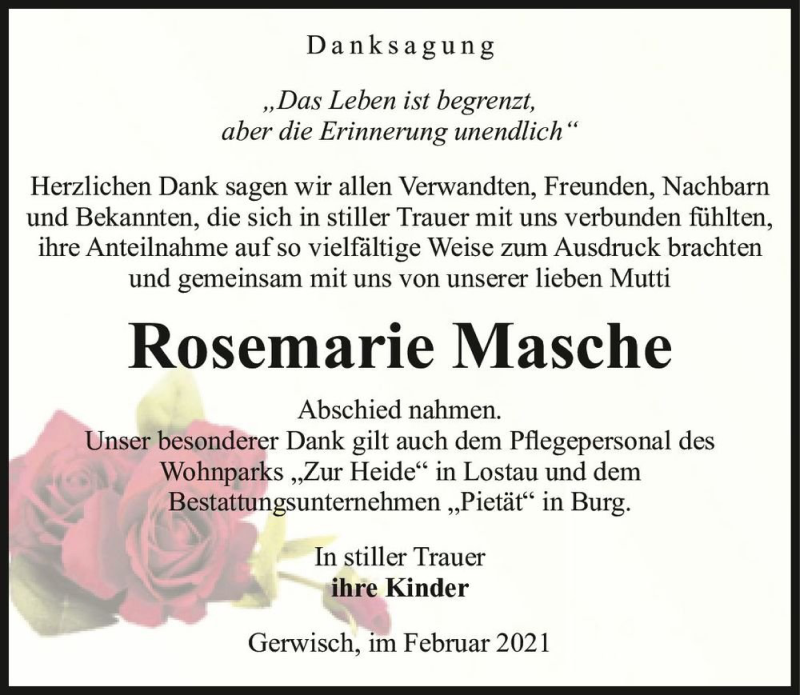  Traueranzeige für Rosemarie Masche  vom 20.02.2021 aus Magdeburger Volksstimme