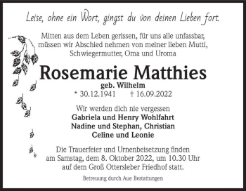 Traueranzeige von Rosemarie Matthies (geb. Wilhelm)  von Magdeburger Volksstimme