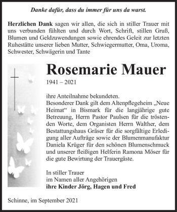 Traueranzeige von Rosemarie Mauer  von Magdeburger Volksstimme
