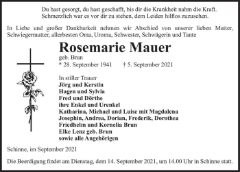 Traueranzeige von Rosemarie Mauer (geb. Brun)  von Magdeburger Volksstimme