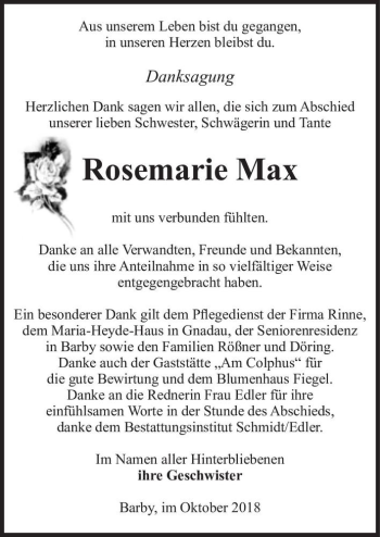 Traueranzeige von Rosemarie Max  von Magdeburger Volksstimme