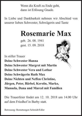 Traueranzeige von Rosemarie Max  von Magdeburger Volksstimme