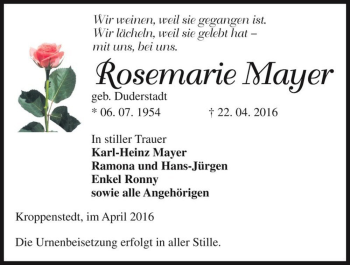 Traueranzeige von Rosemarie Mayer (geb. Duderstadt)  von Magdeburger Volksstimme