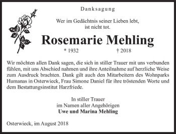 Traueranzeige von Rosemarie Mehling  von Magdeburger Volksstimme