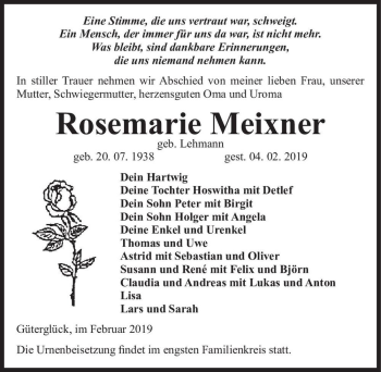 Traueranzeige von Rosemarie Meixner (geb. Lehmann)  von Magdeburger Volksstimme