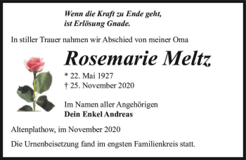 Traueranzeige von Rosemarie Meltz  von Magdeburger Volksstimme