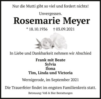 Traueranzeige von Rosemarie Meyer  von Magdeburger Volksstimme