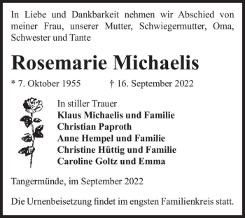 Traueranzeige von Rosemarie Michaelis  von Magdeburger Volksstimme