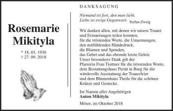 Traueranzeige von Rosemarie Mikityla  von Magdeburger Volksstimme