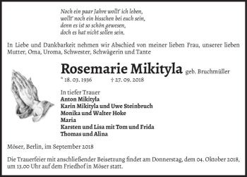 Traueranzeige von Rosemarie Mikityla (geb. Bruchmüller)  von Magdeburger Volksstimme