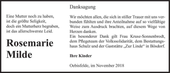 Traueranzeige von Rosemarie Milde  von Magdeburger Volksstimme
