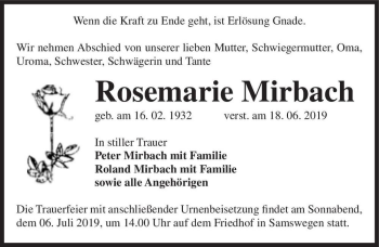 Traueranzeige von Rosemarie Mirbach  von Magdeburger Volksstimme