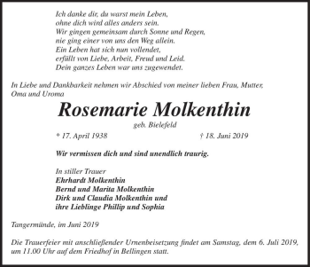 Traueranzeige von Rosemarie Molkenthin (geb. Bielefeld)  von Magdeburger Volksstimme