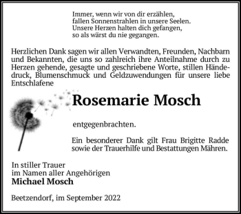 Traueranzeige von Rosemarie Mosch  von Magdeburger Volksstimme