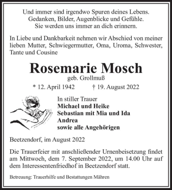 Traueranzeige von Rosemarie Mosch (geb. Grollmuß)  von Magdeburger Volksstimme