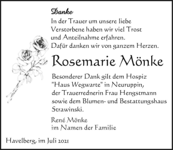 Traueranzeige von Rosemarie Mönke  von Magdeburger Volksstimme