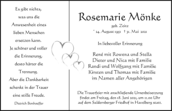 Traueranzeige von Rosemarie Mönke (geb. Zeitz)  von Magdeburger Volksstimme
