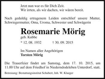 Traueranzeige von Rosemarie Mörig (geb. Kubbe)  von Magdeburger Volksstimme