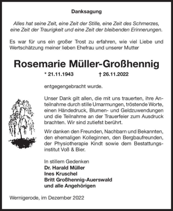 Traueranzeige von Rosemarie Müller-Großhennig  von Magdeburger Volksstimme