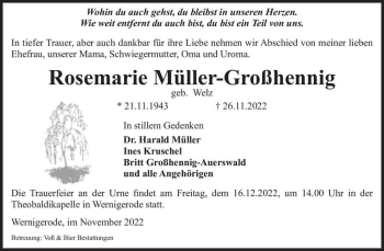 Traueranzeige von Rosemarie Müller-Großhennig (geb. Welz)  von Magdeburger Volksstimme
