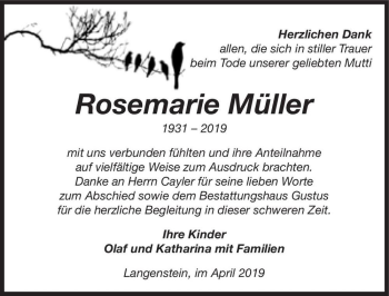 Traueranzeige von Rosemarie Müller  von Magdeburger Volksstimme