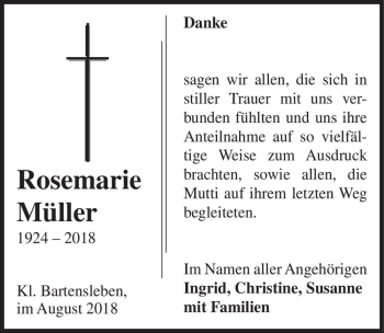 Traueranzeige von Rosemarie Müller  von Magdeburger Volksstimme