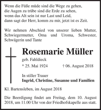 Traueranzeige von Rosemarie Müller (geb. Fahldieck)  von Magdeburger Volksstimme