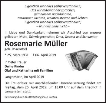 Traueranzeige von Rosemarie Müller (geb. Rosenstiel)  von Magdeburger Volksstimme