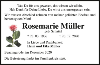 Traueranzeige von Rosemarie Müller (geb. Schnürl)  von Magdeburger Volksstimme