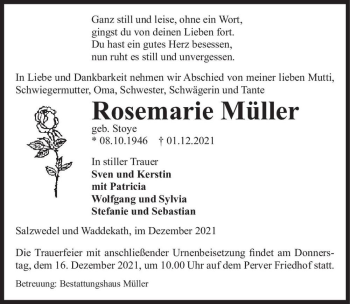 Traueranzeige von Rosemarie Müller (geb. Stoye)  von Magdeburger Volksstimme
