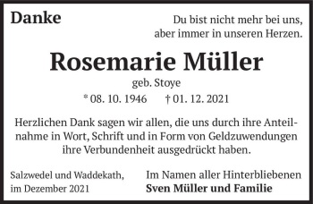 Traueranzeige von Rosemarie Müller (geb. Stoye)  von Magdeburger Volksstimme