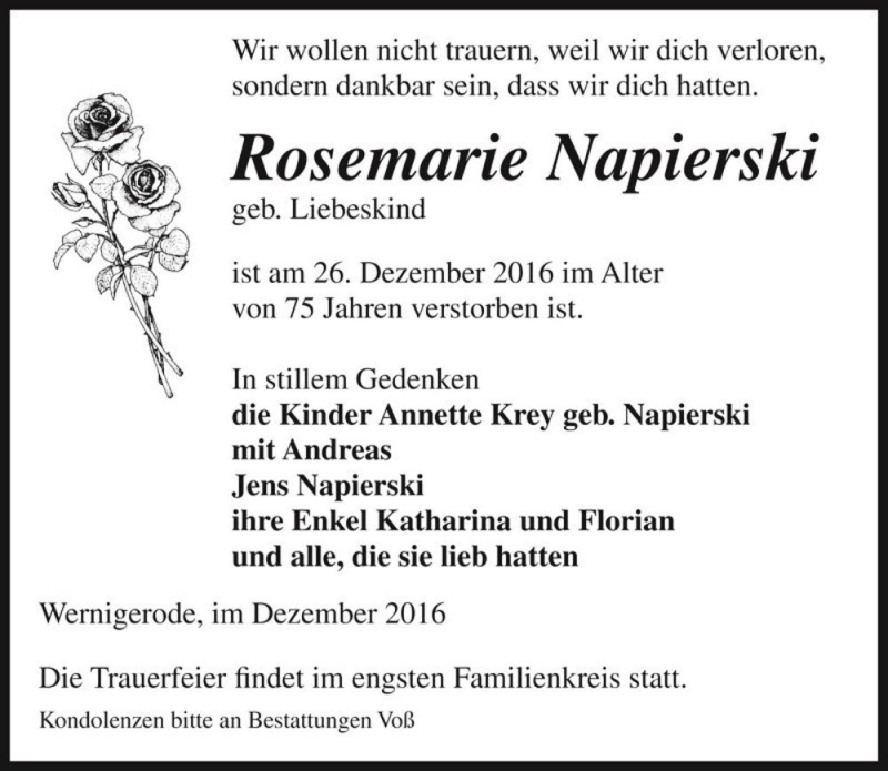  Traueranzeige für Rosemarie Napierski (geb. Liebeskind)  vom 31.12.2016 aus Magdeburger Volksstimme