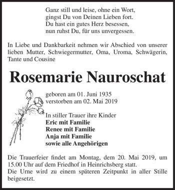 Traueranzeige von Rosemarie Nauroschat  von Magdeburger Volksstimme