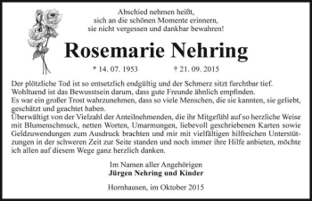 Traueranzeige von Rosemarie Nehring  von Magdeburger Volksstimme