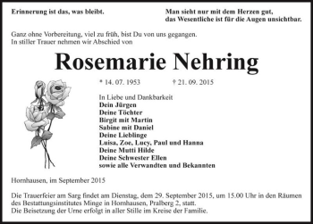 Traueranzeige von Rosemarie Nehring  von Magdeburger Volksstimme