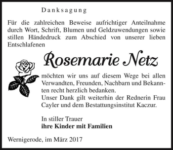 Traueranzeige von Rosemarie Netz  von Magdeburger Volksstimme