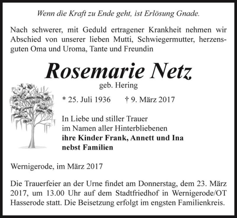  Traueranzeige für Rosemarie Netz (geb. Hering)  vom 17.03.2017 aus Magdeburger Volksstimme