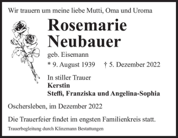 Traueranzeige von Rosemarie Neubauer (geb. Eisemann)  von Magdeburger Volksstimme