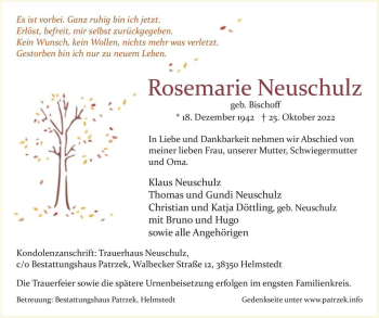 Traueranzeige von Rosemarie Neuschulz (geb. Bischoff)  von Magdeburger Volksstimme